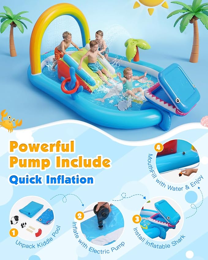 Whubefy Inflatable Kids Play Center Outdoor/Indoor 98 × 64 × 39 in Kid Pool Slide, with Water Sprayer, Waterfall, and Ocean Ball, Multicolor (with Blower)