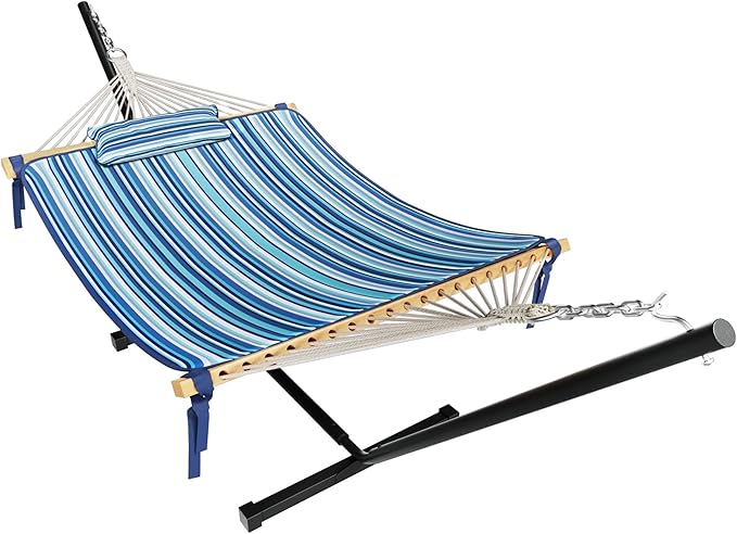 MUPATER 12FT Double Hammock with Stand Included, 2 Person, Outdoor Quilted Hammock with Stand, Rope with Pad and Pillow, para adultos, Striped Blue