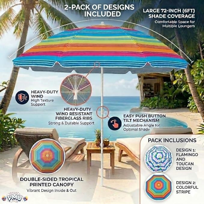 PMU 2 Pcs Set Beach Umbrella 72in Open – Tropical Flamingo Print & Rainbow Stripe, 160G Polyester Large Outdoor Patio Pool Parasol Umbrella for Garden, Deck, Backyard & Pool