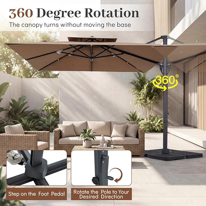 Tangkula 10 FT Patio Cantilever Umbrella, Large Square Offset Hanging Umbrella w/ 360° Rotation, 8 Sturdy Ribs, Air Vent & Cross Base, Heavy-Duty Outdoor Sun Shade for Backyard Pool Garden Deck, Tan