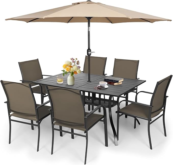 Crownland 7 Piece Patio Dining Set, Textilene Dining Sets, 6 Textilene Metal Chairs and Rectangular Outdoor Dining Table with Khaki 9FT Round Outdoor Umbrella (Brown)