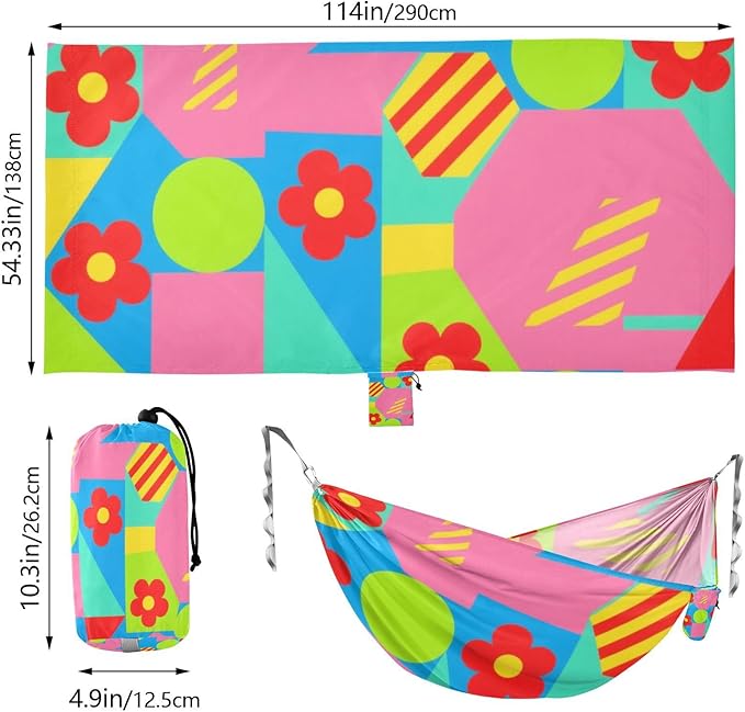 Colorful Geometric Shapes Red Flowers 330lb Capacity Outdoor Hammock Tree Hammock for Outside Camping Essentials hamacas para adultos
