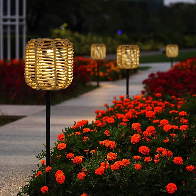 Livinlarge Solar Pathway Lights Outdoor Handmade Bamboo Weaving Garden Lights Waterproof Lighting Landscape Decoration, for Patio, Yard, Driveway,Porch ,Backyard Gardening