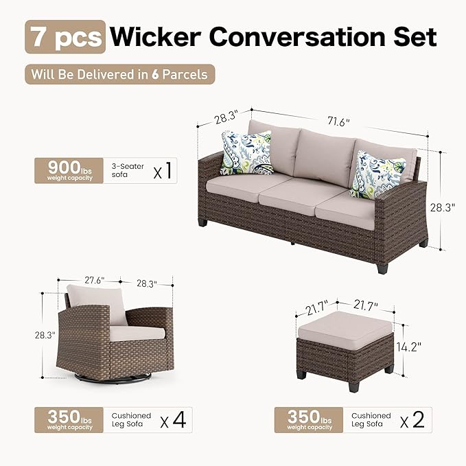 Swivel Glider Patio Furniture Set Outdoor Furniture Brown Wicker Rattan Patio Conversation Sets with Cushion Outside Sofa Set,7 Pieces,9 Seats,Beige