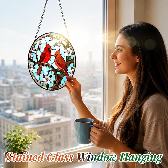 Cardinal Pair Stained Glass Suncatcher Window Hanging Bird Memorial Gift | 6.3in Garden Sun Catcher, Red Cardinals Patio Decor, Gifts for Mom Grandma Bird Lovers & Valentine Day, Christmas Ornaments