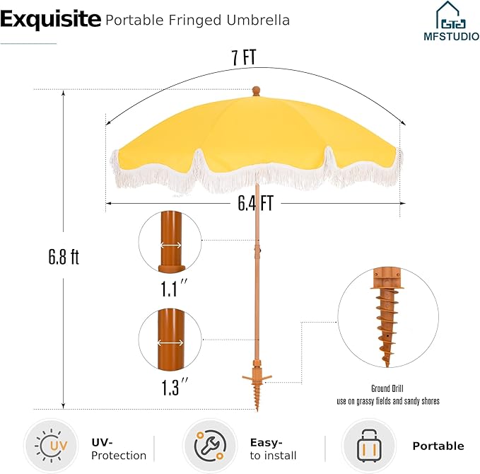 MFSTUDIO 7ft Beach Umbrella with Fringe, Tassel Umbrellas UPF50+ with Tilt Button & Crank, Holiday Outdoor Umbrella with Carry Bag, Ideal for Garden Lawn Poolside, Gold Yellow