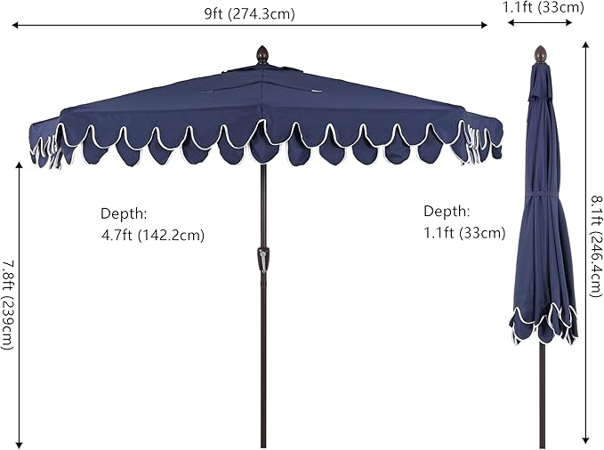 JONATHAN Y Terrace Scalloped 9 ft. Half Round Patio Umbrella with Crank Lift and Tilt, Coastal Semicircle Market Wall Umbrella for Balcony, Navy/White, Dark Brown Pole UMB1202B