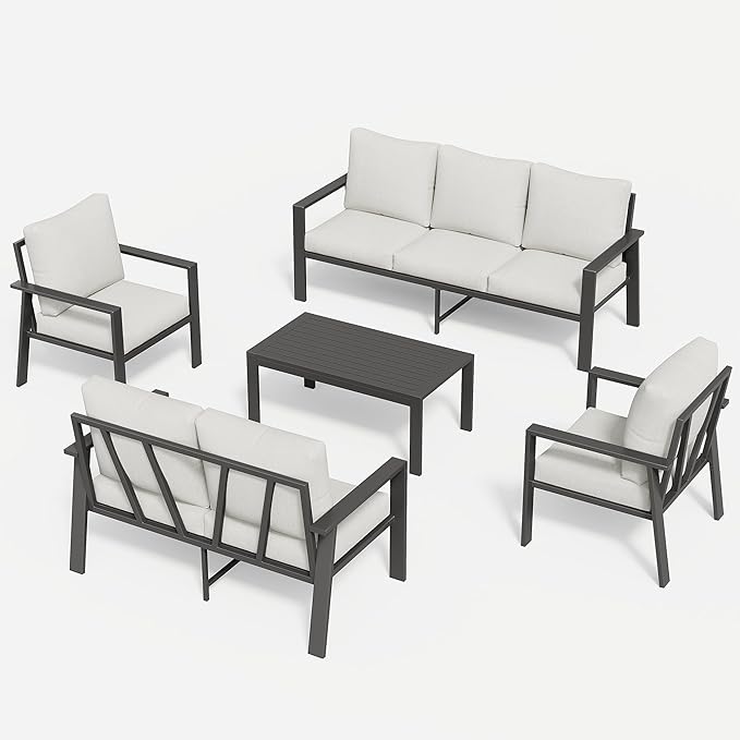 Aluminum Patio Conversation Set 5 Pieces Metal Deck Outdoor Furniture 7-Seat All-Weather Rust-Proof Sectional Sofa Set with Removable Cushion for Balcony, Yard, Poolside & Small Spaces