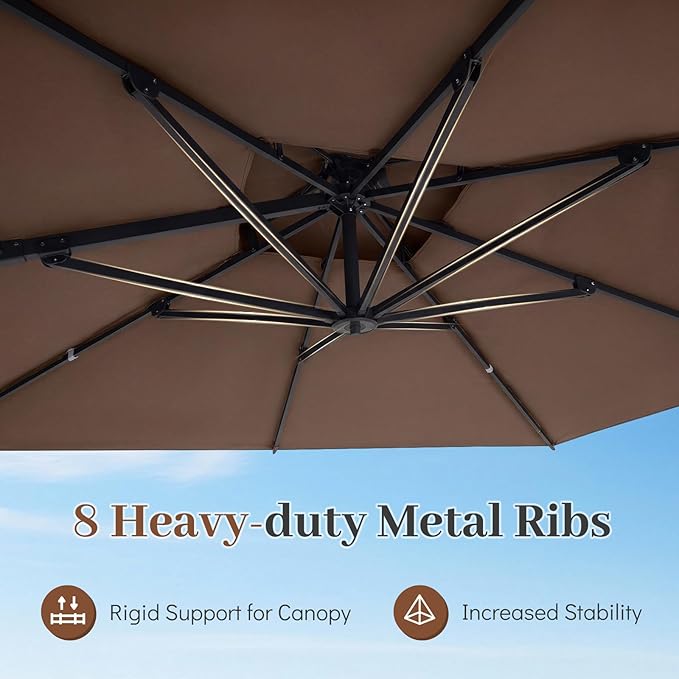 Tangkula 10 FT Patio Cantilever Umbrella, Large Square Offset Hanging Umbrella w/ 360° Rotation, 8 Sturdy Ribs, Air Vent & Cross Base, Heavy-Duty Outdoor Sun Shade for Backyard Pool Garden Deck, Tan