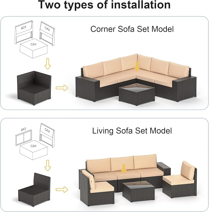 Patio Furniture Set, 6PCS Outdoor Sectional with Ottoman Wicker Rattan Patio Couch with Thickened Cushion Modular Wicker Patio Conversation Set with Glass Top Table for Balcony, Backyard(Kakhi)