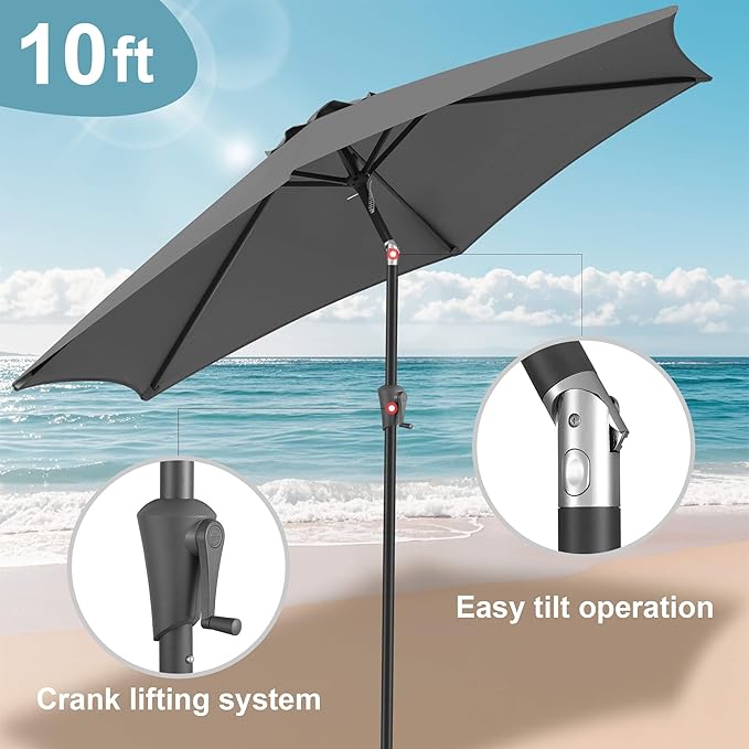 FLAME&SHADE 10ft Patio Umbrella - Outdoor Umbrella with 6 Sturdy Ribs, Push Button Tilt and Crank, UV Protection Table Market Umbrella for Pool, Porch, Garden, Deck, Backyard (Anthracite)