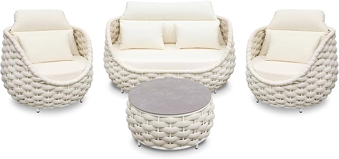 Metal Backyard Furniture Set: Aluminum Assembled Front Porch 4 Pieces Outdoor Set - Woven Rope Patio Conversation Set Modern - Cushioned Deck Couch Set Garden Sunroom Pool Hotel Resort, Beige