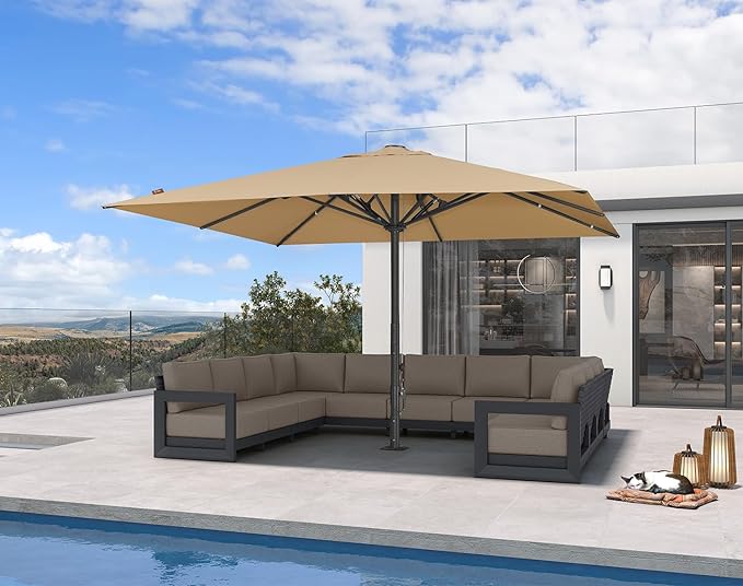 PURPLE LEAF 13' x 13' Square Semi-Auto Outdoor Patio Umbrella Aluminium Market Umbrella Table Sun Umbrella with 3.15" Rod and 8 Sturdy Ribs for Deck Lawn Pool Garden, Beige