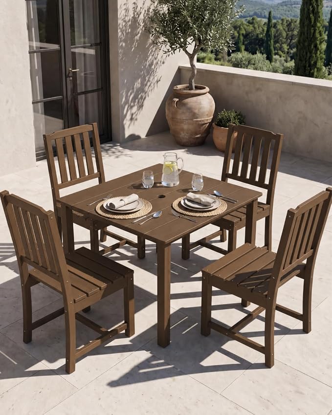 HDPE Outdoor Dining Set for 4, Square Table and Chairs, Brown | All-Weather HDPE, Wood Grain Finish, 42.5" Square Table, Built-In Umbrella Hole, Seats 4, Patio & Poolside Ready
