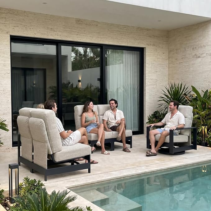 LayinSun 2-Piece Patio Furniture Set, Outdoor Aluminum Conversation Set with Swivel Chair and 6" Thick Cushions, Modern Sectional Sets for Balcony Backyard Pool