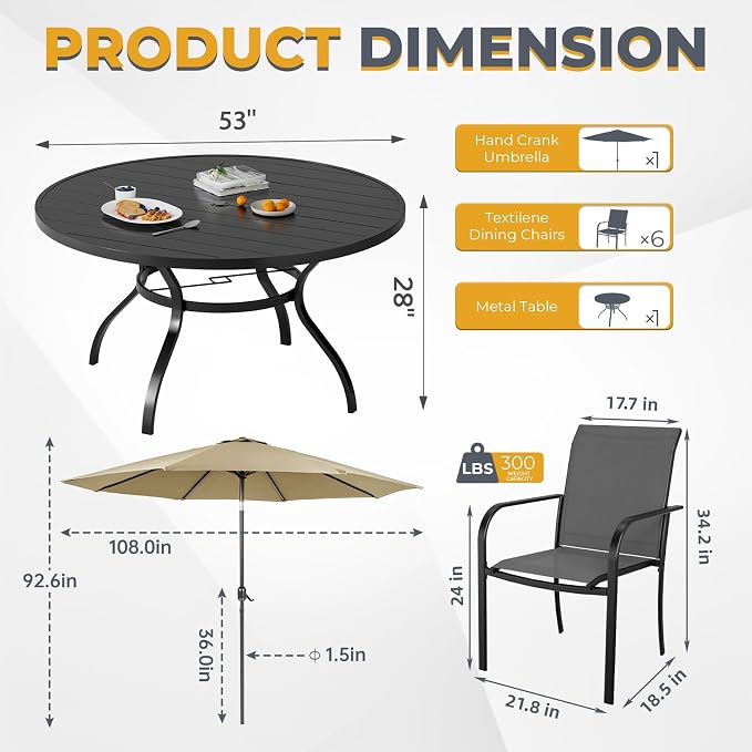 7-Piece Patio Dining Set with Umbrella,6 Person Outdoor Table and Chairs Set, 6 Metal Dining Chairs and Round Outdoor Table with 1.57" Umbrella Hole,Grey