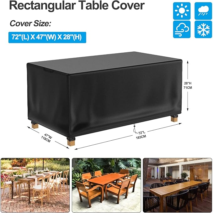 Patio Table Cover 100% Waterproof, 72x47x28 inch Outdoor Table Cover Rectangular, Patio Furniture Cover for Dinning Furniture, Picnic Coffee Tables Chairs and Sofas, Black