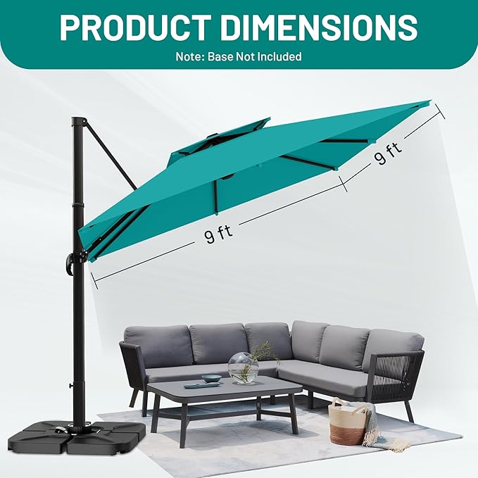 AreShark 9×9FT Double-Top Cantilever Patio Umbrella with Base Included, Square Offset Umbrella with 360 Degree Rotation, Heavy Duty Patio Umbrella for Garden Deck Pool, 5 Tilt Angles, Turquoise Blue