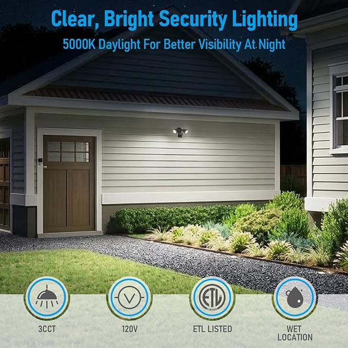 LEONLITE 3CCT LED Security Light, Motion Sensor Outdoor Lights, Dusk to Dawn, ETL Listed, Adjustable Heads, 3000K4000K5000K Selectable, Motion Detector Flood Light, Aluminum, IP65 Waterproof, Bronze