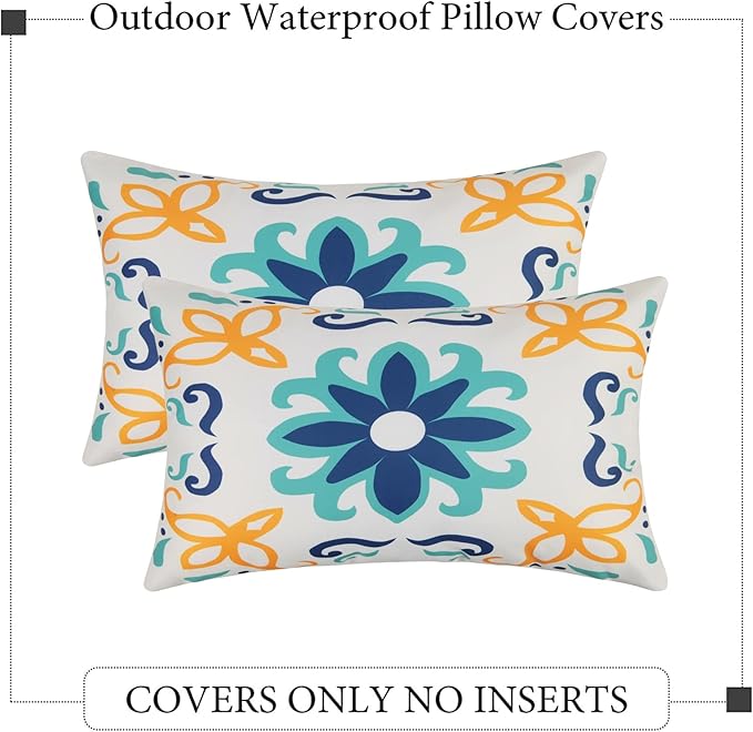 Pyonic Outdoor Waterproof Throw Pillow Covers Set of 4 Floral Printed and Boho Farmhouse Outdoor Pillow Covers for Patio Funiture Garden 12x20 Inch Blue