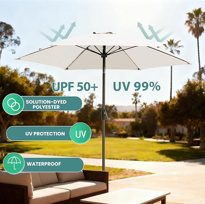 7.5FT Large Outdoor Patio Umbrella with Crank & Tilt - Durable Market Umbrella for Outdoor Patio with 6 Fiberglass Ribs for Poolside,Deck,Yard,Garden
