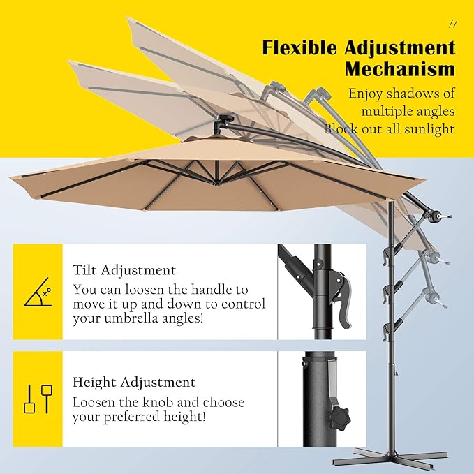 Tangkula 10FT Outdoor Patio Umbrella Solar LED Lighted Sun Shade Market Umbrella with Hanging Cover and Cross Base (Beige)