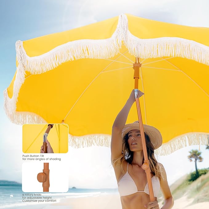PHI VILLA 7ft Fringe Beach Umbrella with Sand Anchor, Outdoor Patio Portable Beach Umbrella for Sand with Tassels, Push Button Tilt & Carrying Bag, UPF 50+, Yellow