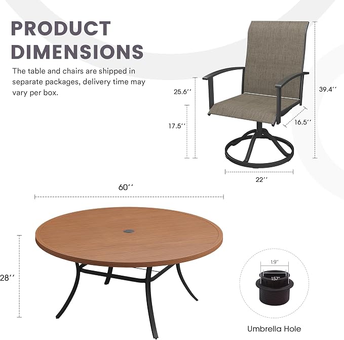 9 Pieces Outdoor Patio Dining Table Set, 60" All Weather Round Metal Table with Umbrella Hole and 8 High Back Textilene Swivel Chairs for Garden, Lawn, Poolside, Walnut Table & Brown Chairs
