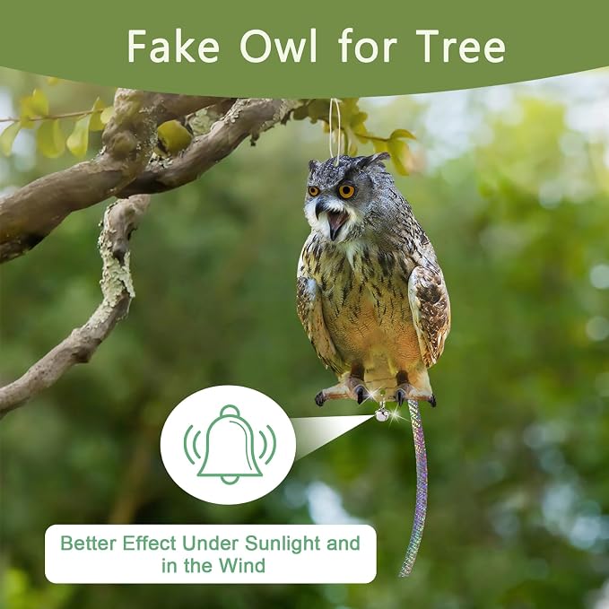 Plastic Owl to Scare Woodpecker from House, 3Pcs Flat Fake Owl to Keep Pigeons Away from Porch, Garden Owls to Scare Pigeon Squirrels, Hanging Owls with Reflective Tape for Balcony Patio Windows Yard
