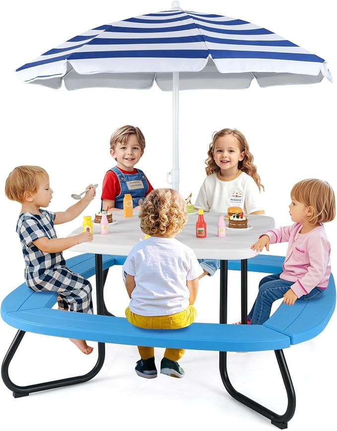 HONEY JOY Kids Picnic Table, 8 Person Toddler Outdoor Table and Chair Set, 4 Built-in Benches, Removable Umbrella, Metal Frame & HDPE Top, Children Outdoor Furniture for Backyard Patio Garden (Blue)
