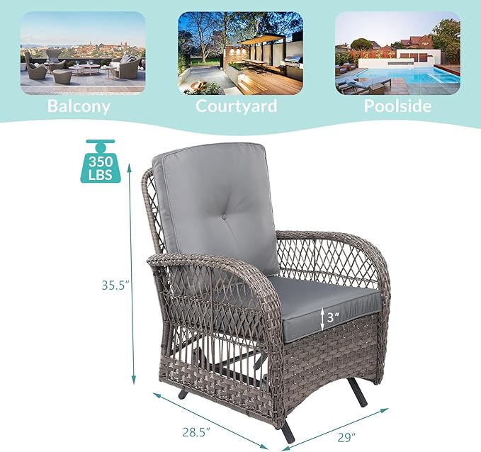 MEETWARM Patio Wicker Rocking Glider Set, All-Weather Outdoor Rattan Patio Rocking Chairs of 2, Patio Conversation Set with Thickened Cushions for Porch Garden & Backyard, Gray