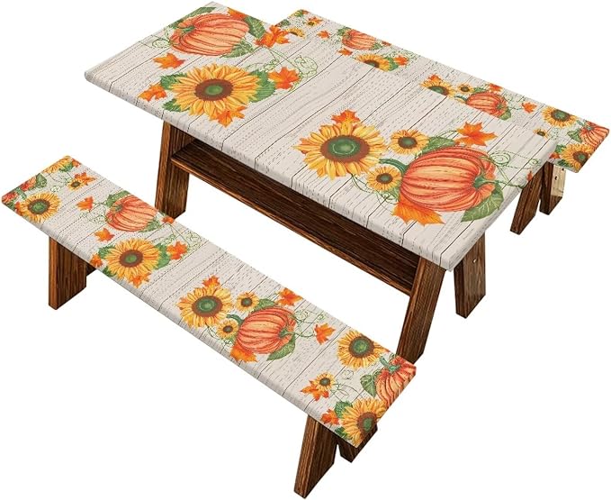 Fall Picnic Table Cover with Bench Covers Rectangle Pumpkin Sunflower Fitted Picnic Table Cover with Bench Covers Washable Table Cover Outdoor Patio Camping Essentials 72x30 Inches