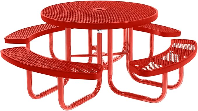 COATEDOUTDOORFURNITURE Heavy-Duty Portable Outdoor Picnic Table with Umbrella Hole, Expanded Metal Commercial-Grade Patio Furniture Made in America (46" Round Top, Red with Red Frames)