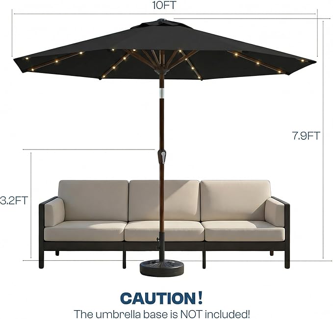 10FT Solar Patio Umbrella with Lights, Outdoor Table Market Umbrella with 32 LED Lights, 8 Sturdy Ribs, Push Button Tilt and Crank for Pool, Deck and Garden, UV-Resistant