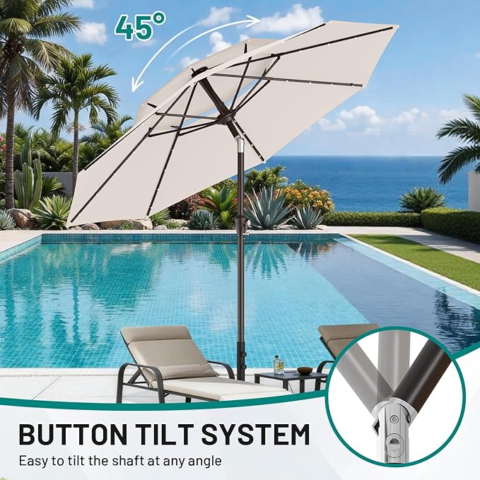 AreShark 9ft 2 Tiers Patio Umbrella with Solar Lights, Outdoor Umbrella w/ 32 LED Lights&8 Sturdy Ribs, Table Umbrella for Deck, Backyard, Pool(Ivory)