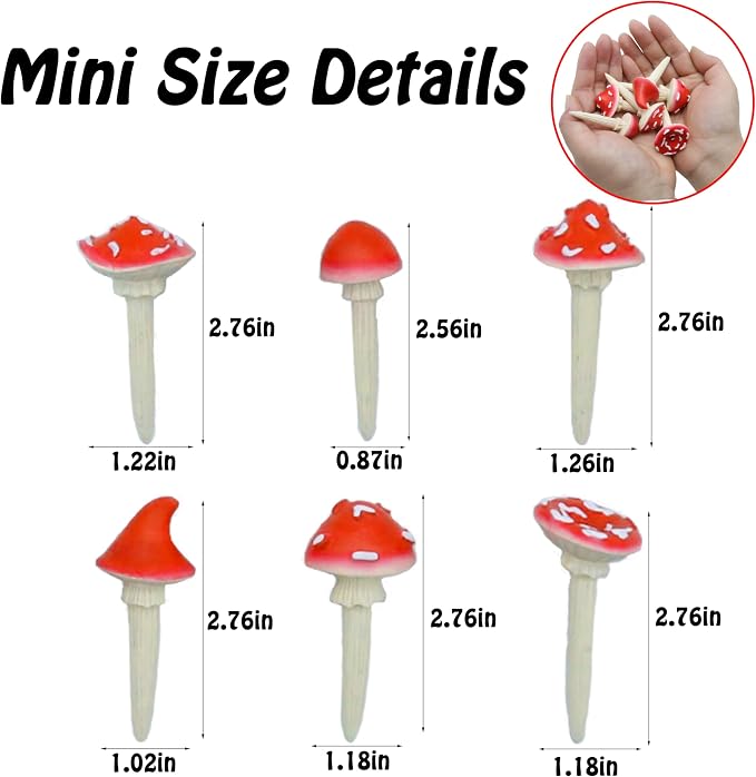 Fairy Garden Mushrooms for Outdoor Decor, 6Pcs Red Mini Mushroom Figurines | Resin Mushroom Miniatures for Fairy Garden Accessories, Plant Pot Decoration, Cute Terrarium, Yard and Lawn Decor