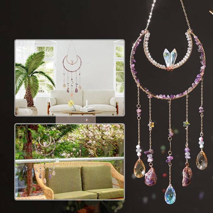 Crystal Suncatcher, Dreamsum Window Suncatchers with Crystals and Stones | Sun Catchers Indoor, Window Catcher with Prism Slices, Moon Crystal Suncatchers gift for Girls, Lover and Mom-Purple