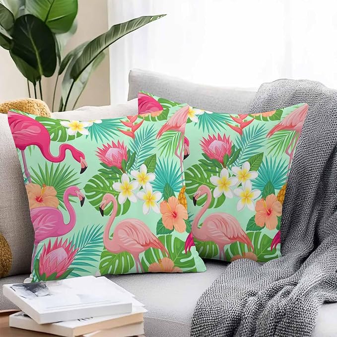 Pink Flamingos Outdoor Pillow Covers 24"x24" Set of 2, Tropical Palm Leaf Hibiscus Flower Green Plant Waterproof Throw Pillow Covers for Patio Furniture, Decorative Cushion Covers for Porch