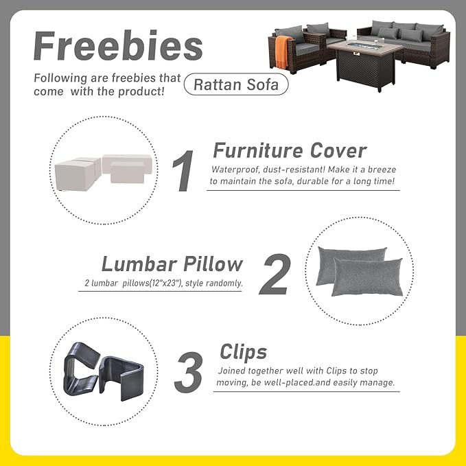 4 Pieces Outdoor Patio Furniture Set 43 In Outdoor Fire Pits Wicker Outdoor Furniture Chairs and Sofa 60000 BTU Outdoor Propane Fire Pit Table Non-Slip Cushions and Waterproof Covers, Dark Grey