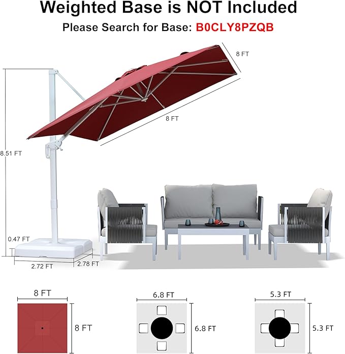 PURPLE LEAF 8 FT Patio Umbrella White Cantilever Umbrella Aluminum Square Outdoor Offset Umbrella Hanging Windproof with 360° Rotation for Garden Deck Pool, Red