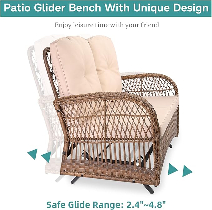 MEETWARM 5 Pieces Outdoor Patio Rattan Furniture Sets, All Weather Patio Wicker Conversation Set - 2 Rocking Swivel Chairs 1 Rattan Loveseat Glider with Cushions, 2 Glass-Top Coffee Table, Beige