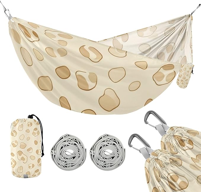 Beige Leopard Print Hammocks with Tree Straps Swing Hammock for Indoor Outdoor Patio
