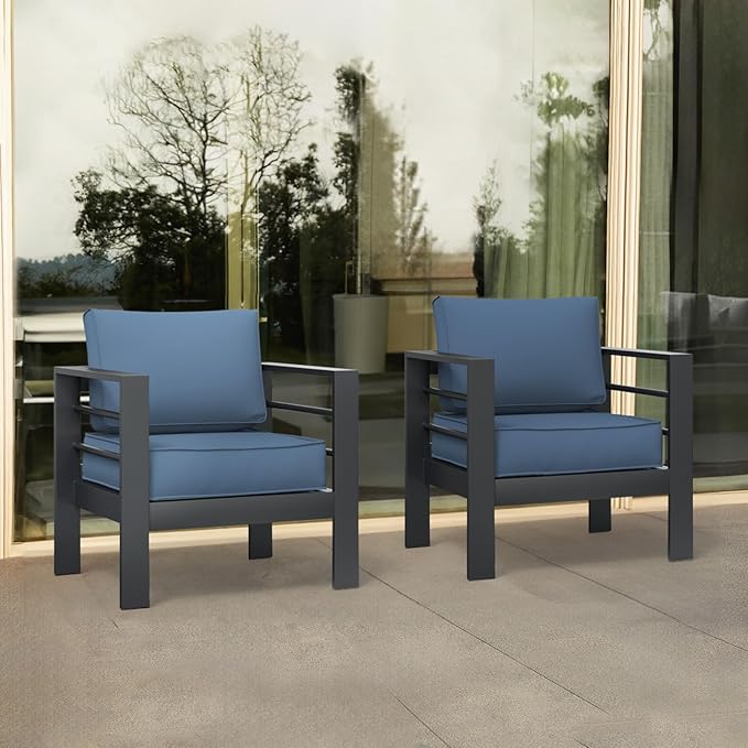 Aluminum Patio Furniture Set, Single Chair Outdoor Set with 5 Inch Cushions, Patio Sofa Sets with Waterproof Covers for Backyard Garden(Grey&Blue)