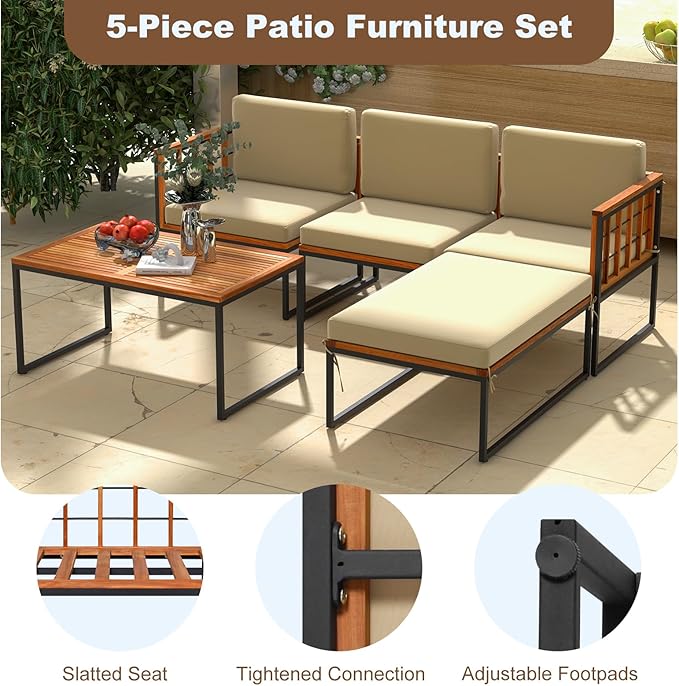 Tangkula 5 Piece Patio Furniture Set, Acacia Wood Sectional Set with Heavy-Duty Metal Frame, Comfy Seat & Back Cushions, Outdoor Wood Conversation Chair Set for Poolside, Porch, Backyard (Beige)