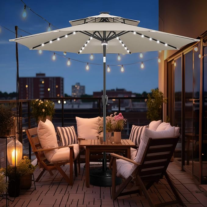 FLAME&SHADE 2 Tiers 9ft Solar Light Patio Umbrella, 40 LED lights outdoor umbrella with Centre Surround Light, Table Market Umbrella for Deck, Pool, Porch, Backyard, Garden (Taupe)