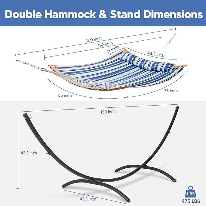 SUNCREAT Portable Outdoor Hammock with Stand, Double Hammock with Stand for Outside, Patent Pending, Blue & White
