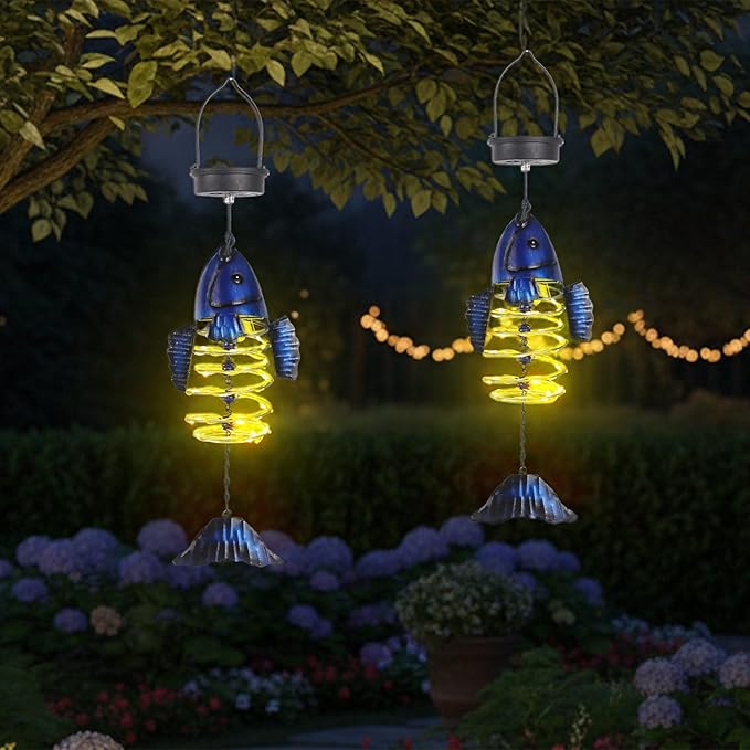 2 Pack Fish Solar Lights Outdoor Hanging Lantern with Handle, Solar Powered Fish Garden Decor for Outside Patio Yard Porch Pathway Fish Gifts for Women (Warm White LED Lights)