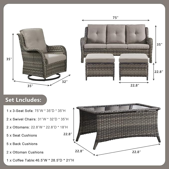 Rilyson Wicker Patio Furniture Set - 6 Piece Rattan Outdoor Sectional Conversation Sets with 2 Swivel Rocking Chairs,2 Ottomans,1 Sofa and 1 Coffee Table for Porch Deck Garden(Mixed Grey/Grey)