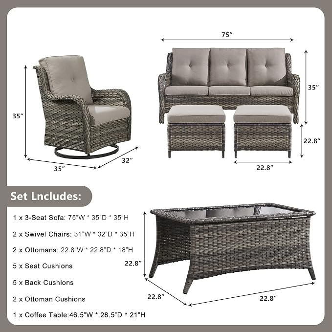 Rilyson 6 Piece Outdoor Patio Furniture Set - Rattan Wicker Patio Conversation Sets with 2 Swivel Rocker Chairs,2 Ottomans,1 Sofa and 1 Coffee Table for Outside Porch Deck Yard(Mixed Grey/Grey)