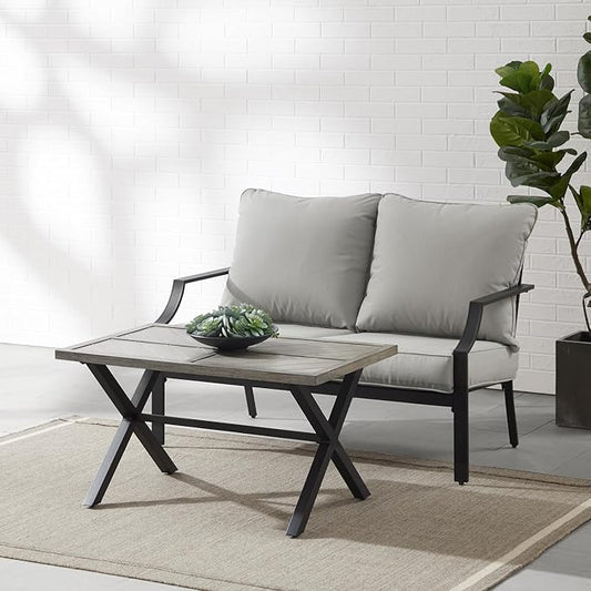 Urban Oasis Outdoor Metal 2-Piece Seating Set (Loveseat, Coffee Table), Matte Black with Gray Cushions - 50 x 72 x 33.25 in, Modern Patio Conversation Sets, Sturdy Steel Construction